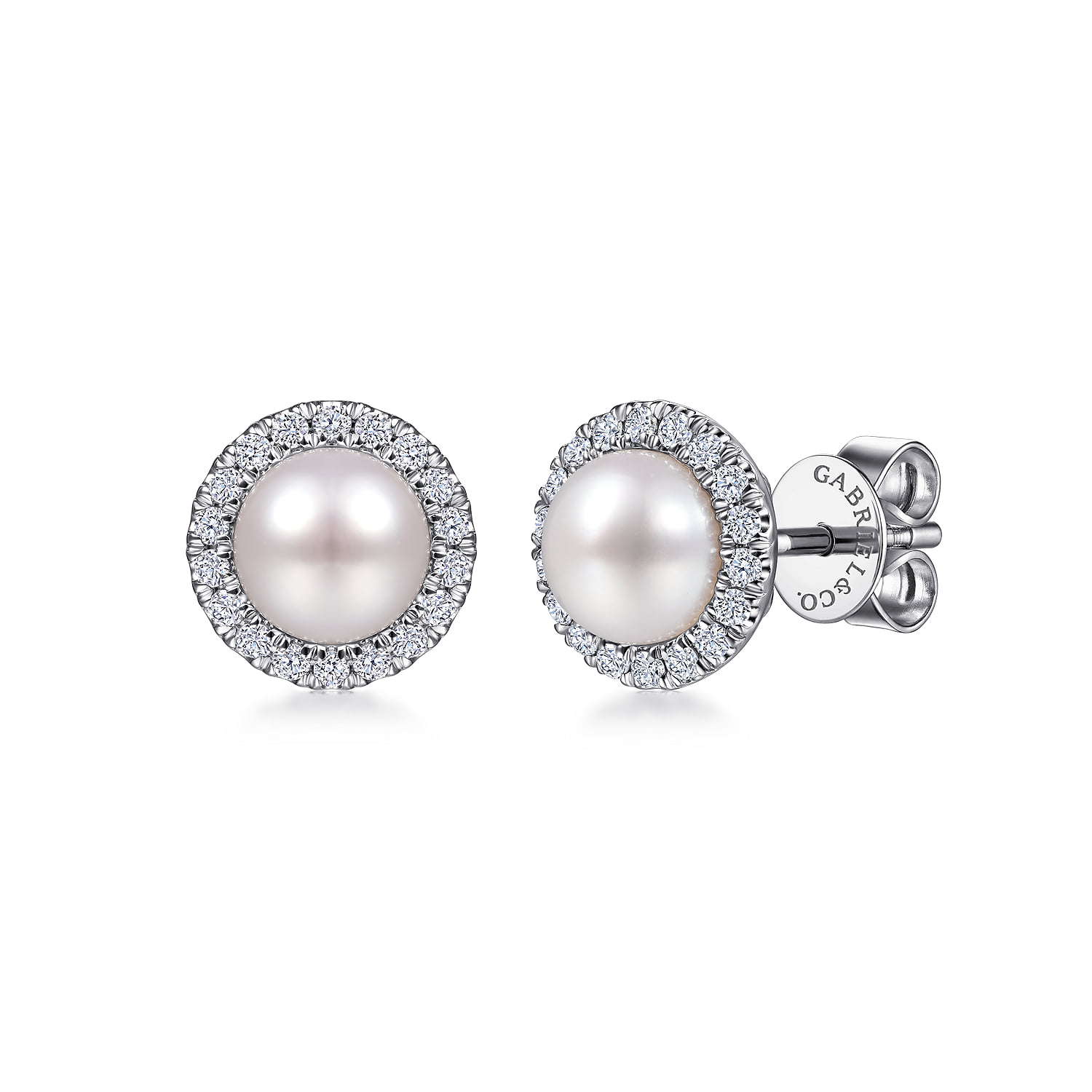 Pearl and Diamond Halo Stud Earrings in 14K White Gold