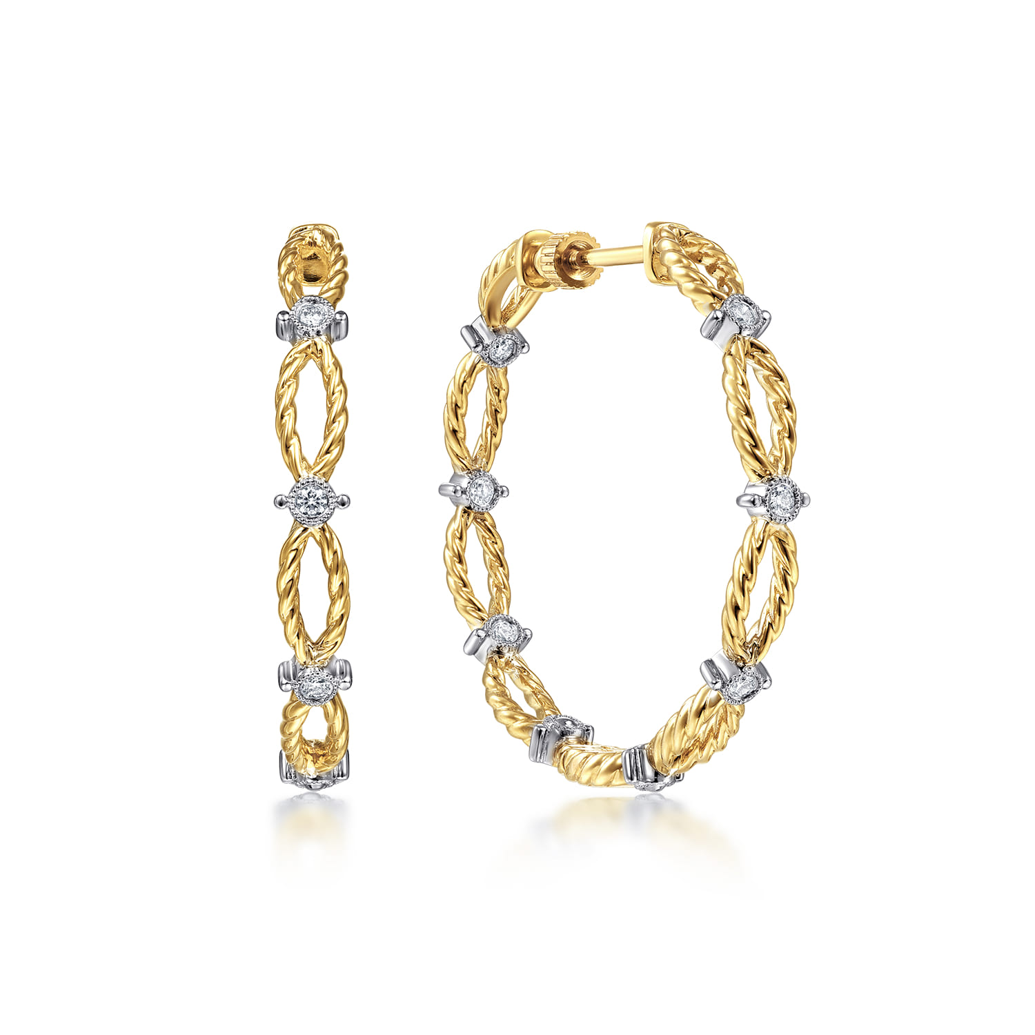 30mm Diamond and Twisted Rope Station Classic Hoop Earrings