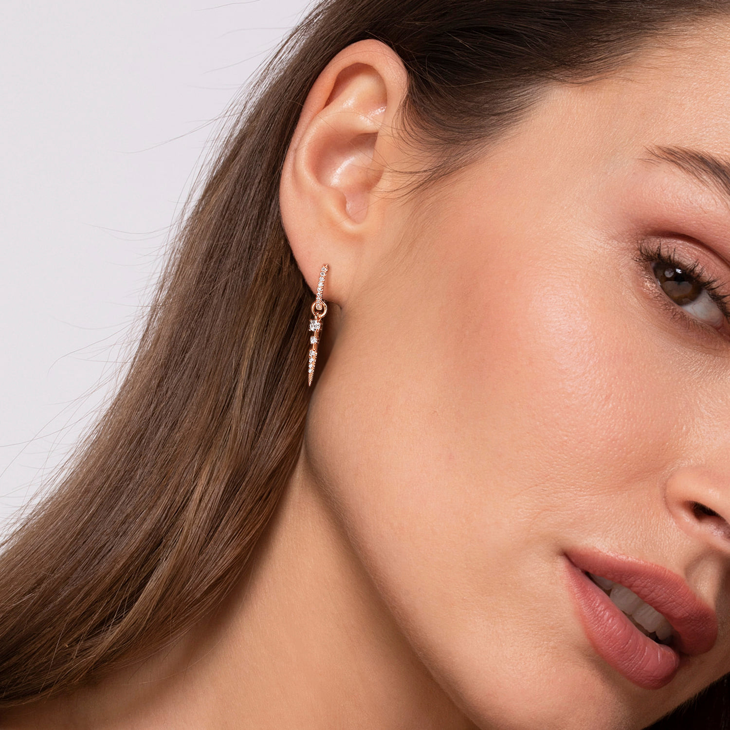 10mm Diamond Huggie Earrings with Spike Drops in 14K Rose Gold, photograph 2