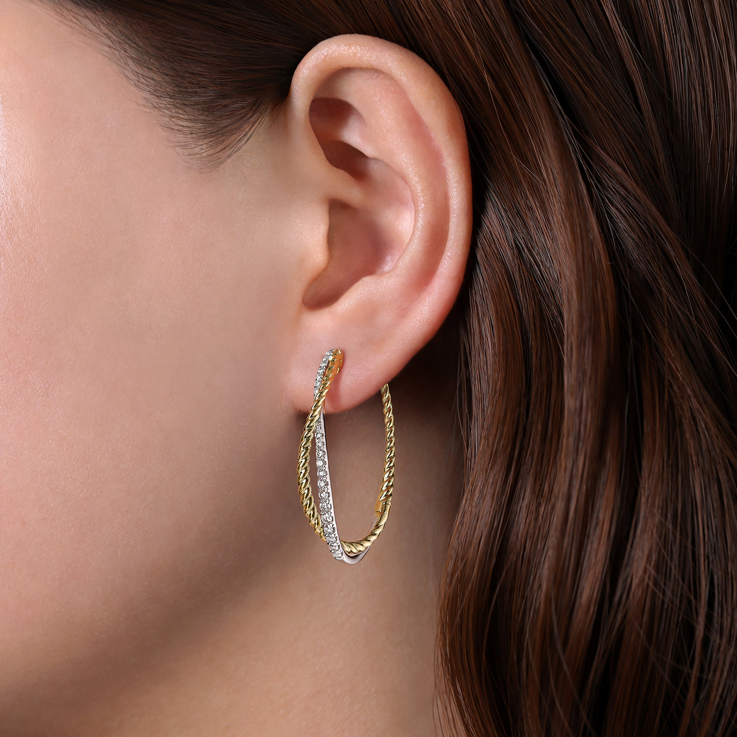 Twisted 35mm Classic Diamond Hoop Earrings in 14K White/Yellow Gold, photograph 2