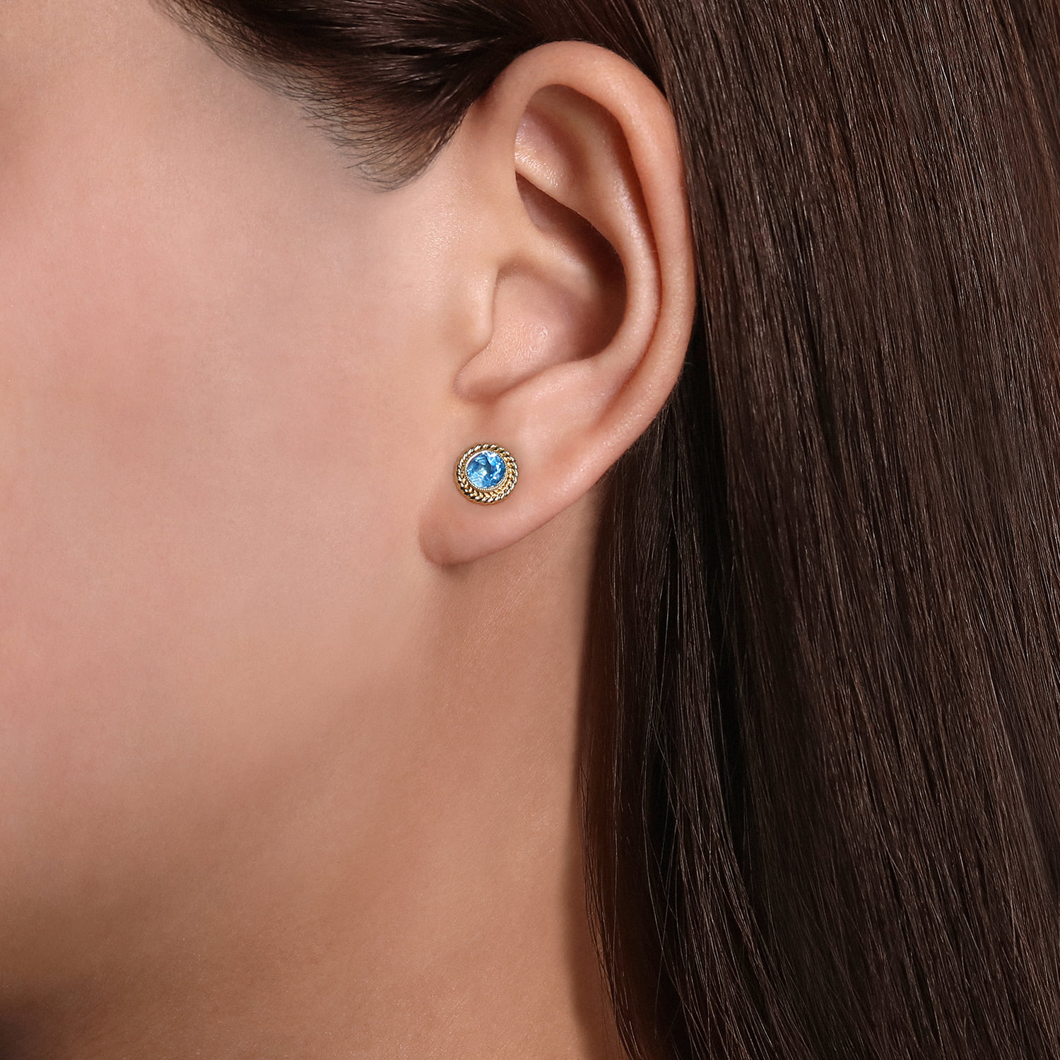 Round Blue Topaz and Twisted Rope Frame Stud Earrings in 14K Yellow Gold, photograph 2