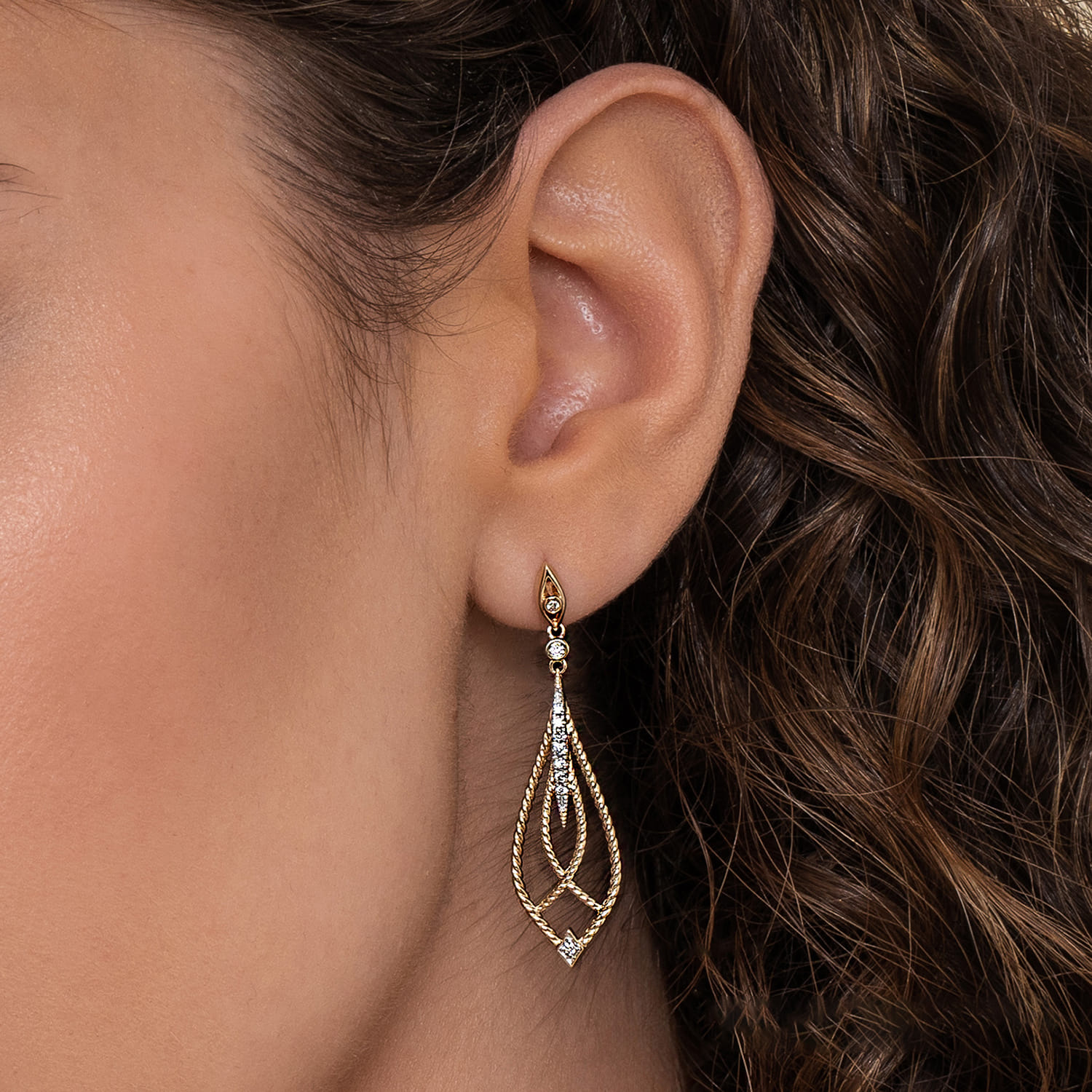 Open Twisted Rope Drop Earrings with Diamond Accents in 14K Yellow Gold, photograph 2