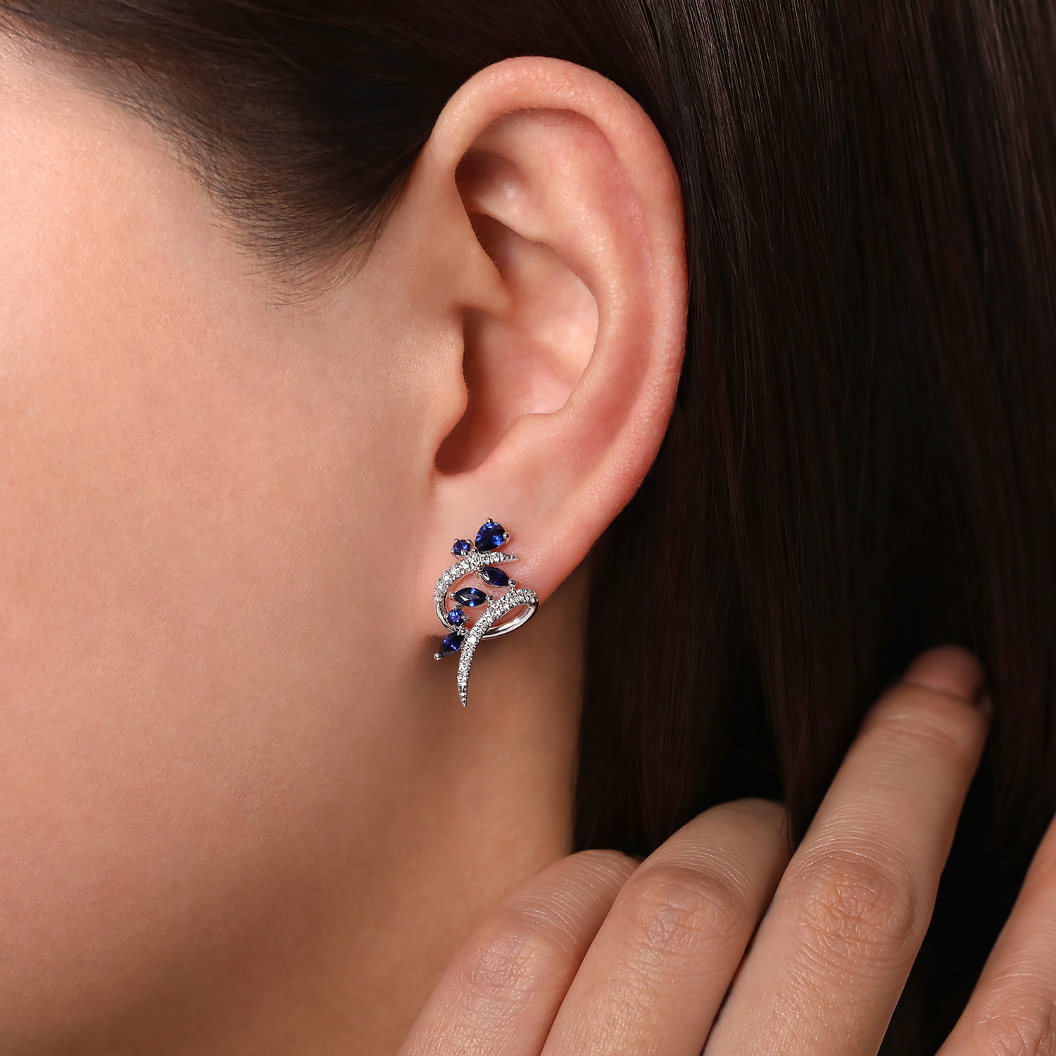 Twisted Abstract Sapphire and Diamond Stud Earrings in 14K White Gold, photograph 2
