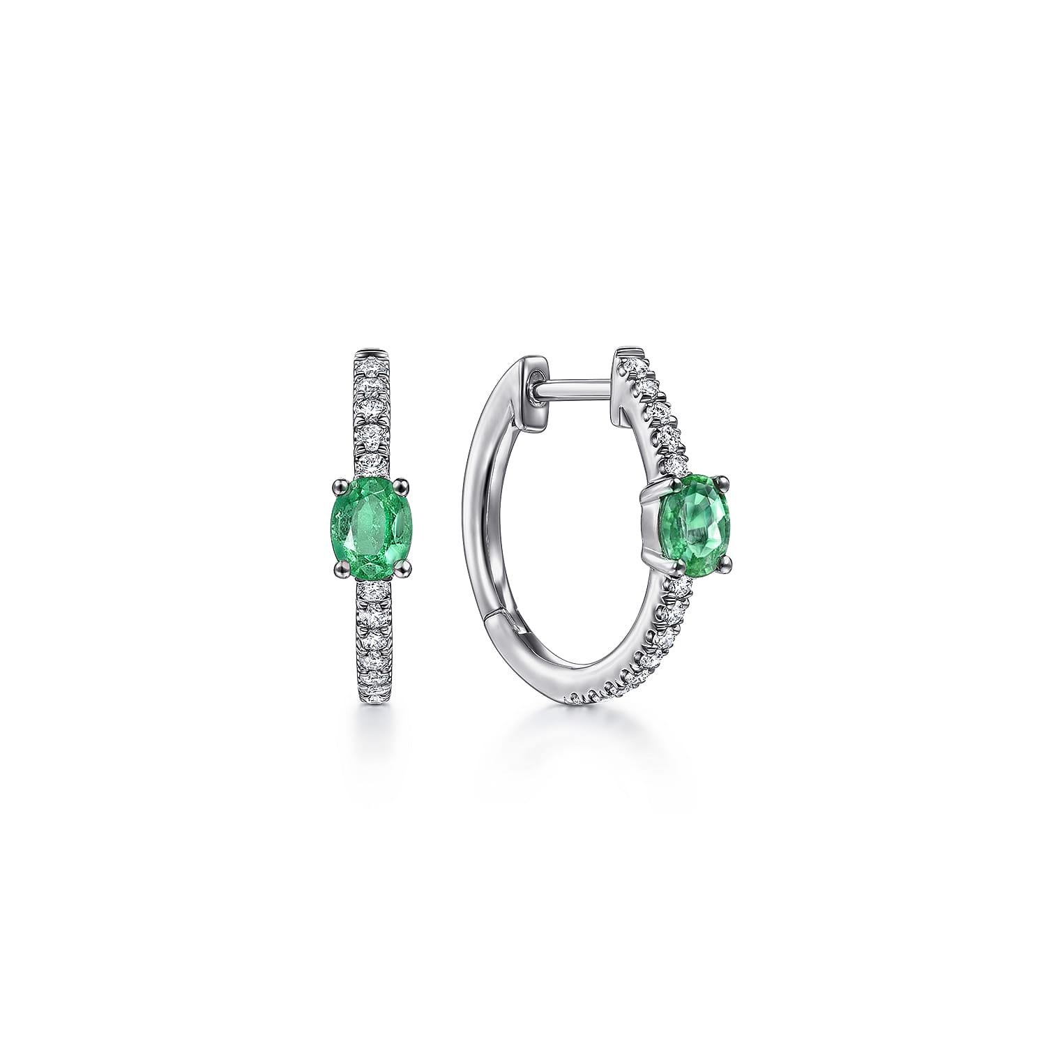15mm Diamond and Single Emerald Huggie Earrings