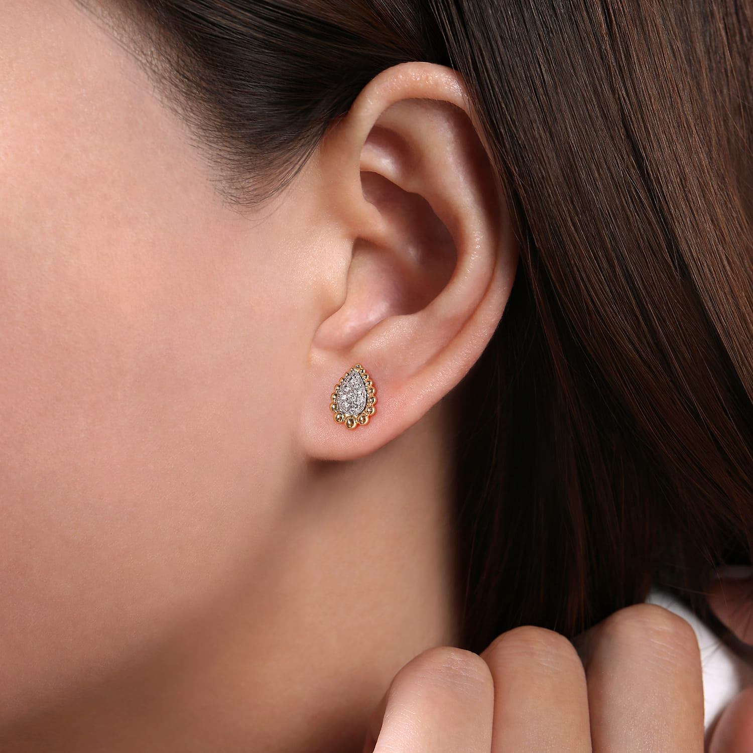 Teardrop Shape Beaded Frame Diamond Stud Earrings in 14K White/Yellow Gold, photograph 2