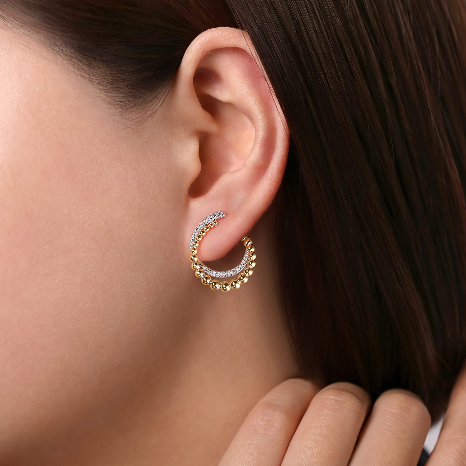 Bujukan Open Double Row Ball and Diamond Bypass Hoop Earrings in 14K Yellow Gold, photograph 2