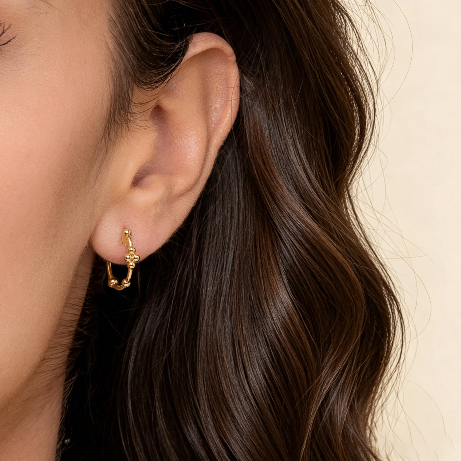 Beaded Ball Station Huggies in 14K Yellow Gold, photograph 4