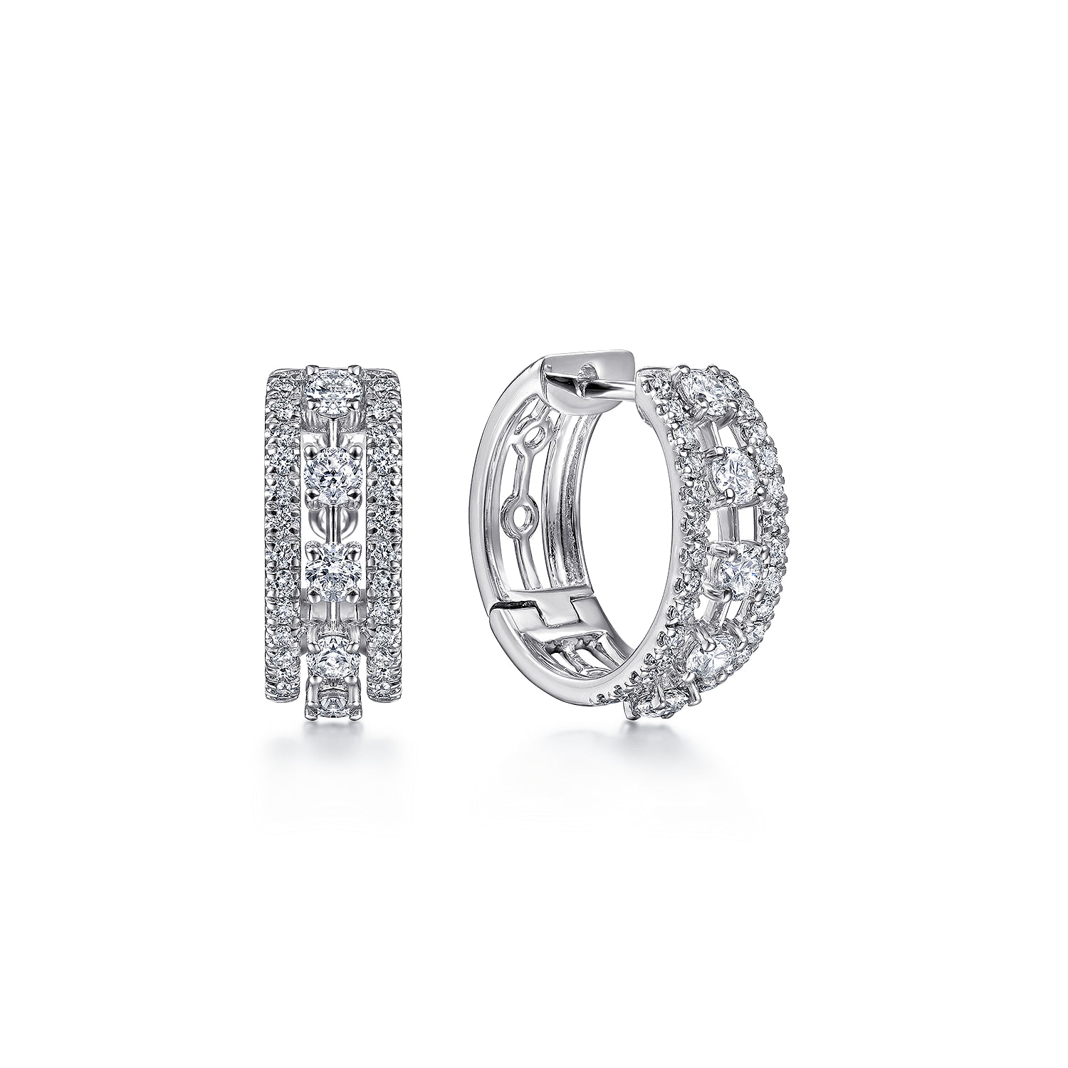 Wide 15mm 3 Row Diamond Huggie Earrings