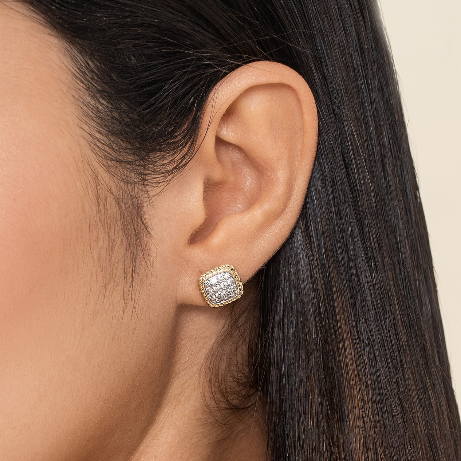 Pave Diamond Stud Earrings in 14K Yellow Gold, photograph 2