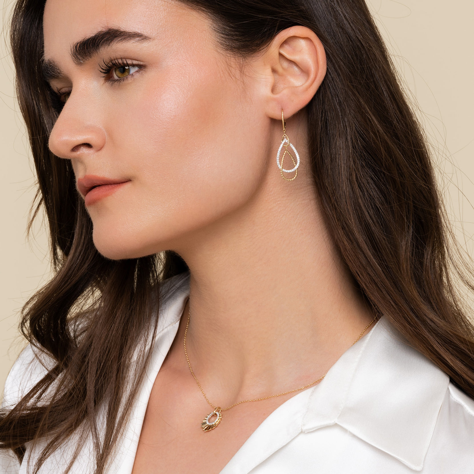 Layered Teardrop Diamond Earrings in 14K White/Yellow Gold, photograph 3