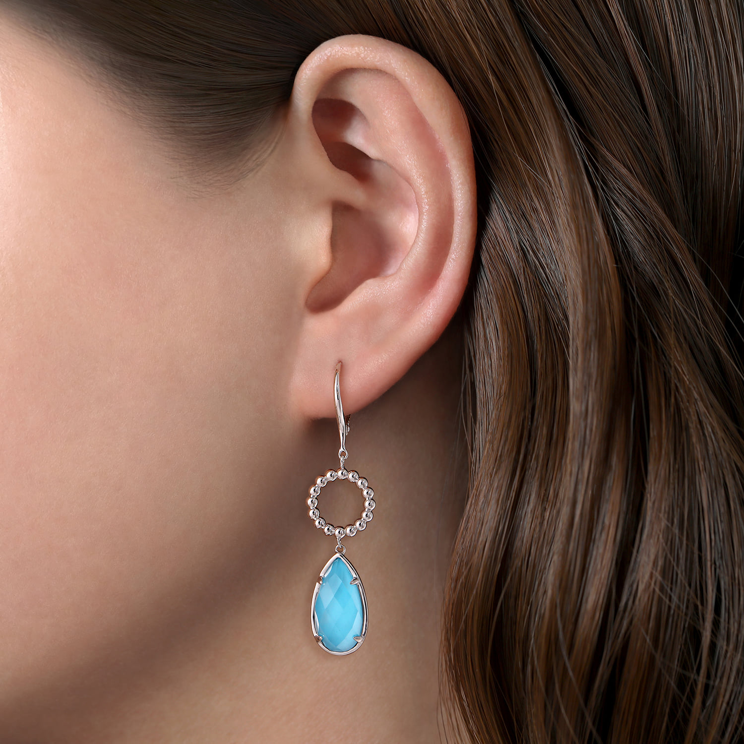 Rock Crystal and Turquoise Long Teardrop Earrings in Sterling Silver, photograph 2