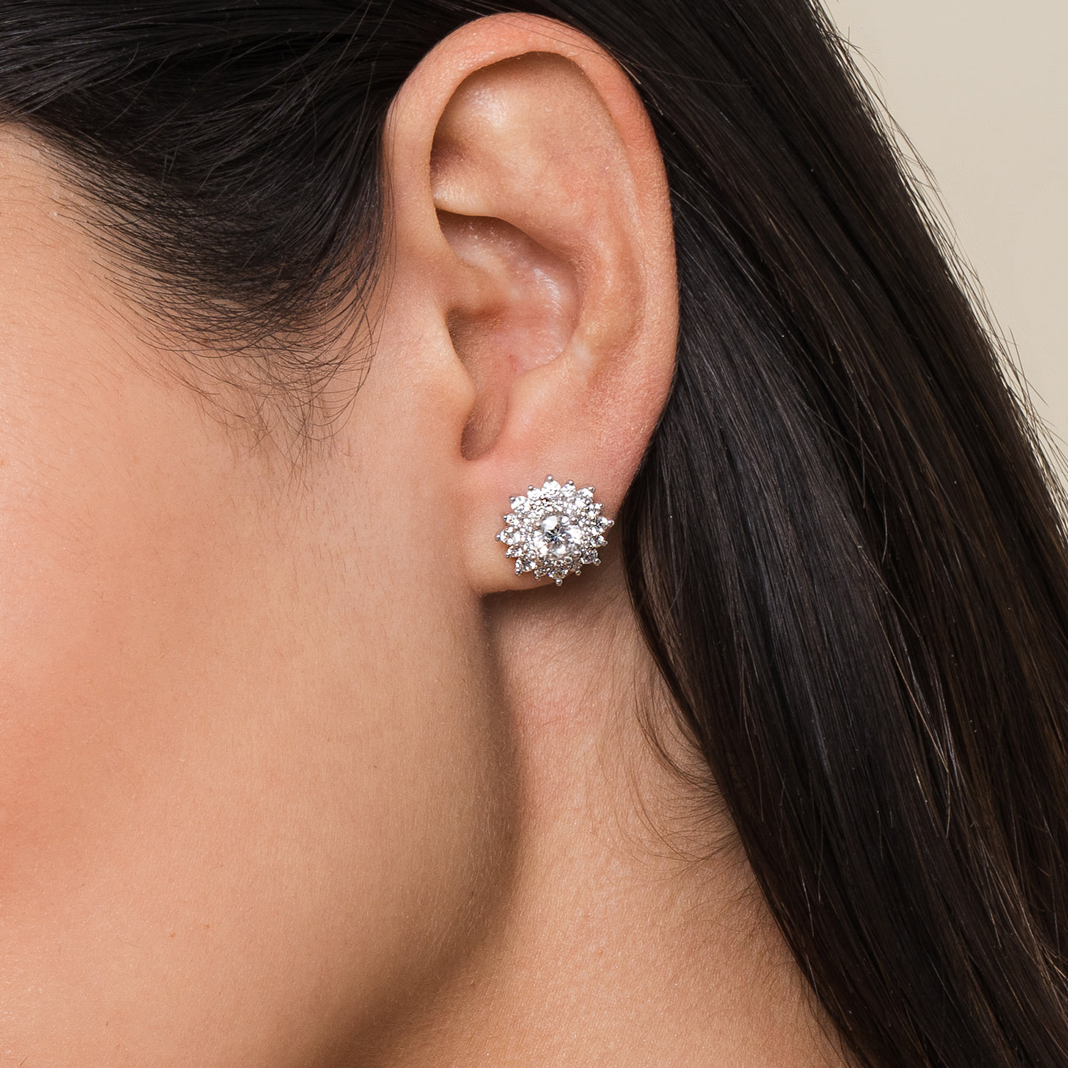 Diamond Halo Stud Earrings in 18K White Gold, photograph 3