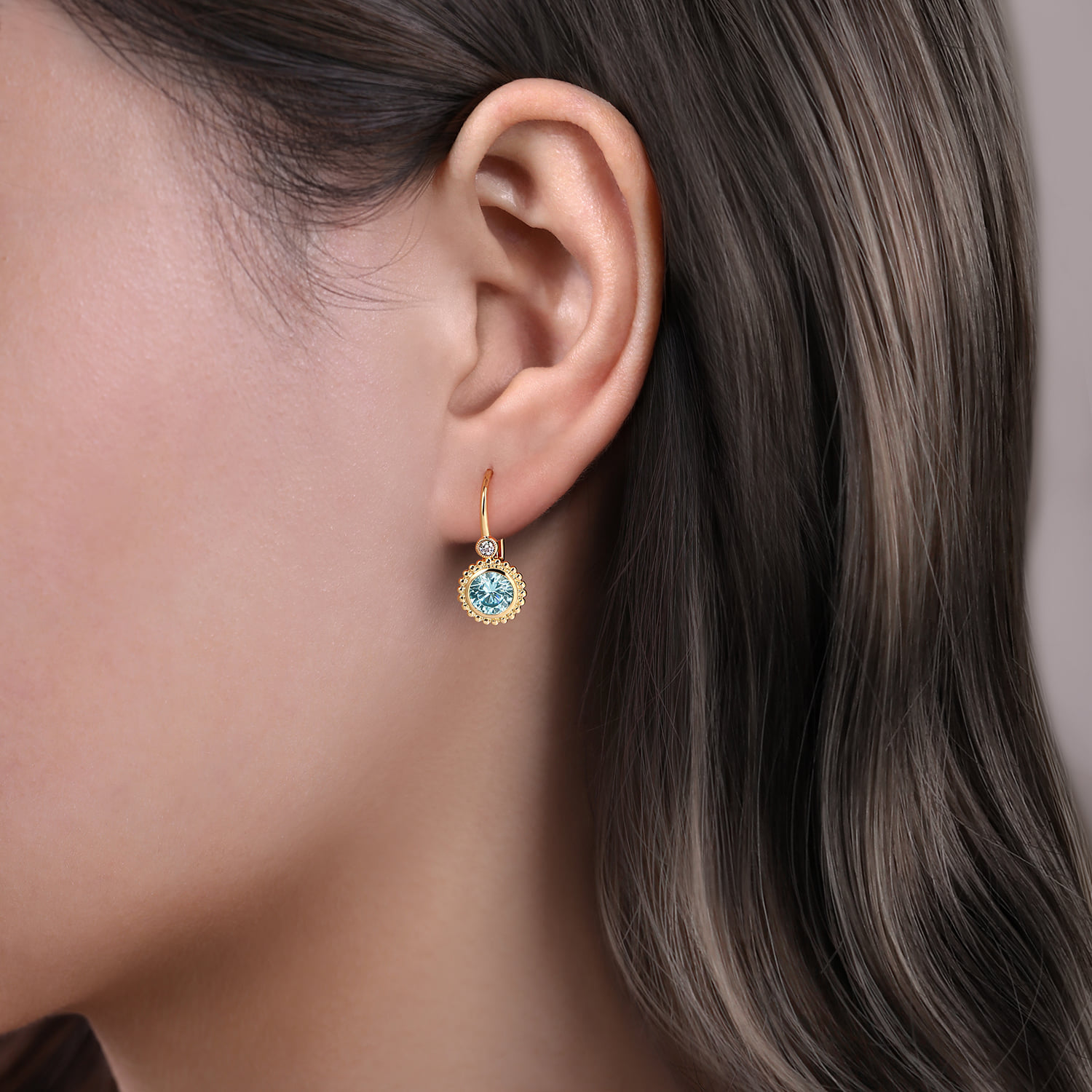 Diamond And Blue Topaz Bujukan Drop Earrings in 14K Yellow Gold, photograph 2