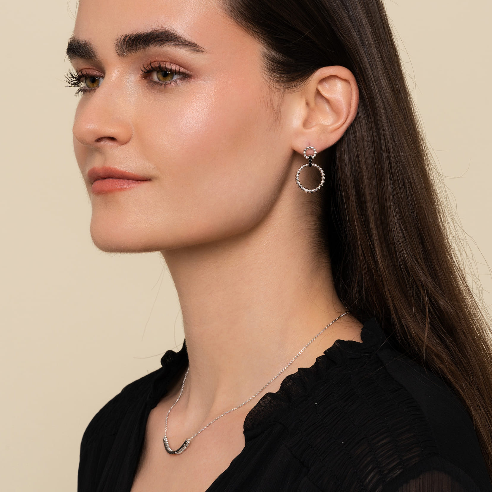 Black Spinel Bujukan Link Drop Earrings in Sterling Silver, photograph 3