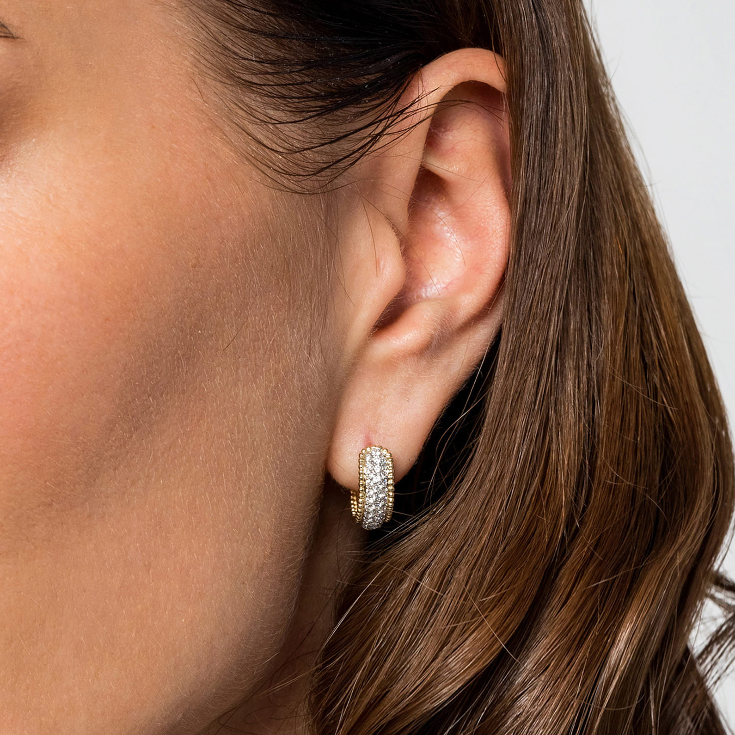 Bujukan Huggie Pave Diamond Earrings in 14K White/Yellow Gold, photograph 2