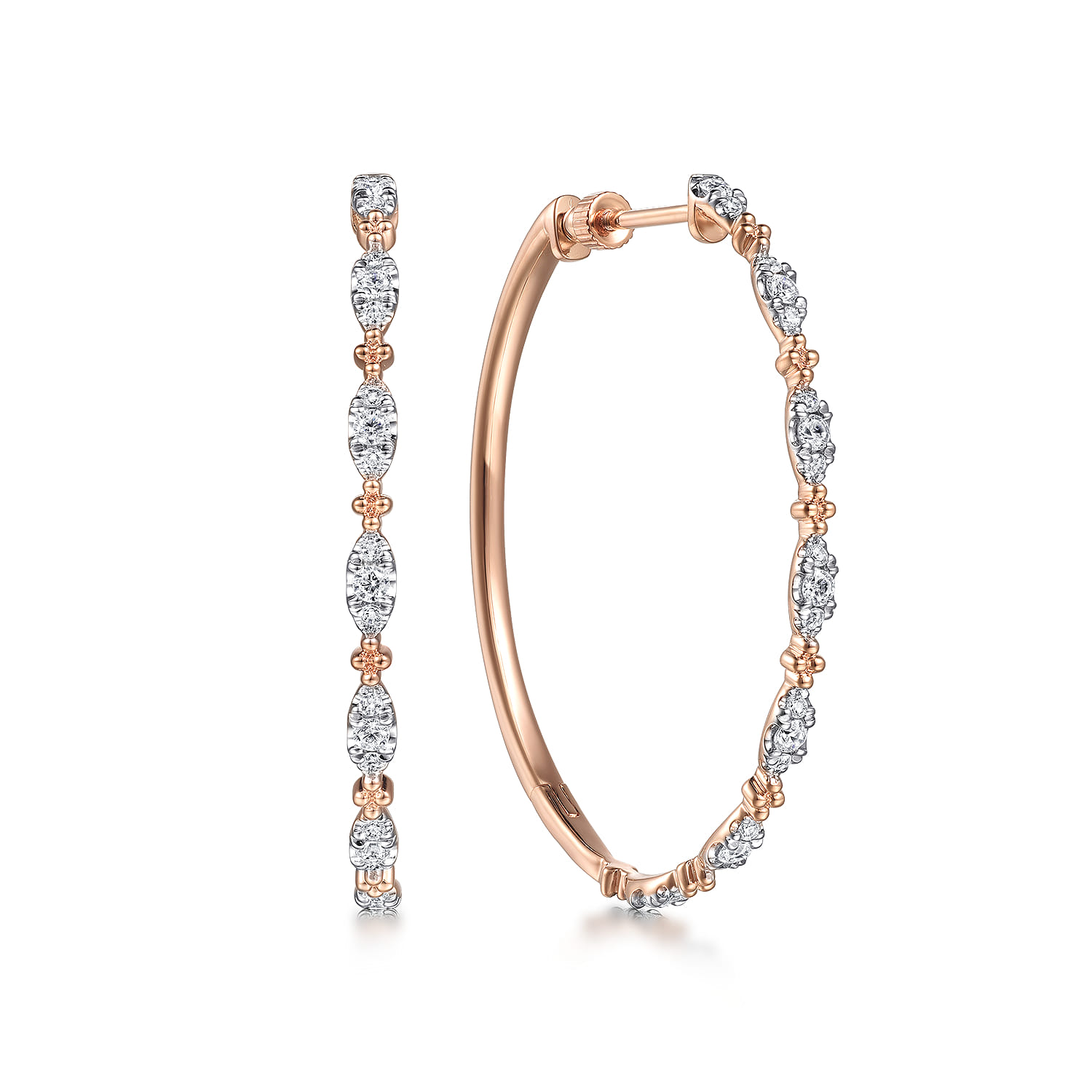 40mm Diamond Station Intricate Hoop Earrings in 14K Rose Gold