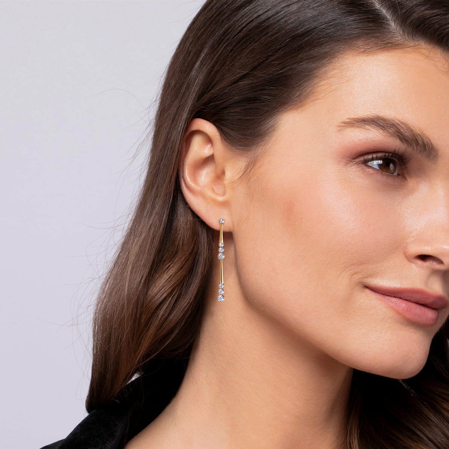 Linear Graduated Diamond Station Drop Earrings in size 45mm in 14K Yellow Gold, photograph 3