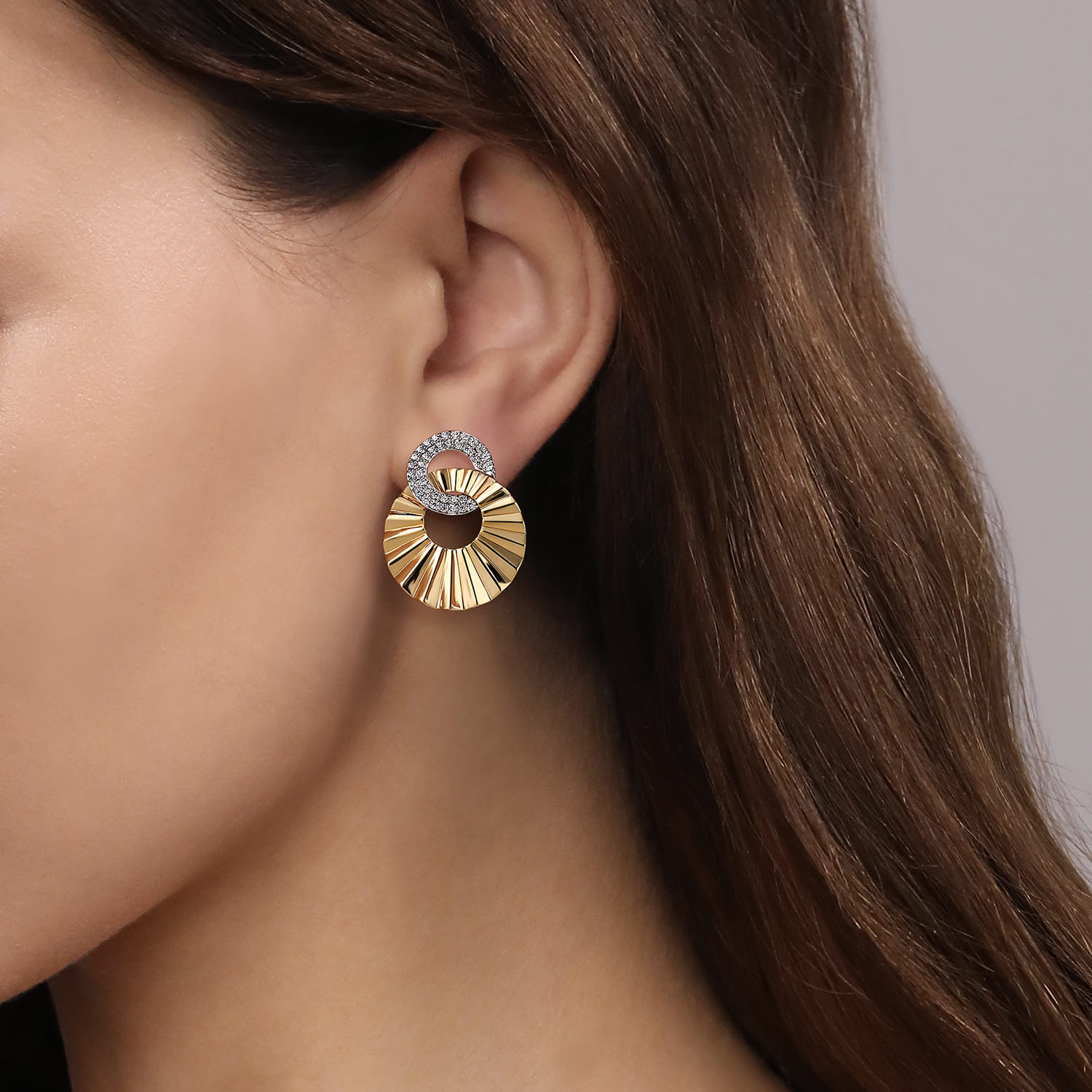 Double Disk Earrings Stud With Diamond Cut Texture in 14K White/Yellow Gold, photograph 2