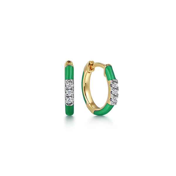 14K Yellow Gold Classic Diamond Huggies with Emerald Green Enamel