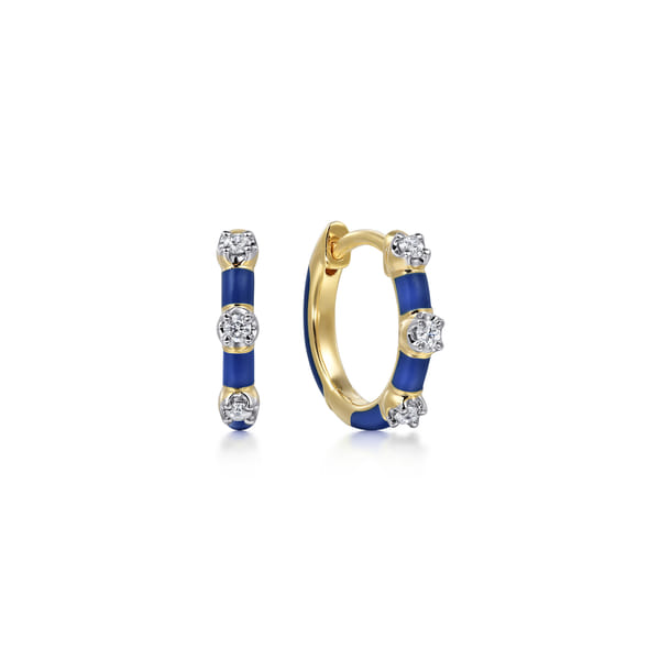 14K Yellow Gold Classic Diamond Station Huggies with Admiral Blue Enamel