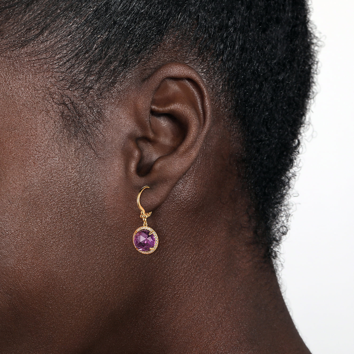 Round Amethysts with Diamond Halo Earrings in 14K Yellow Gold, photograph 2