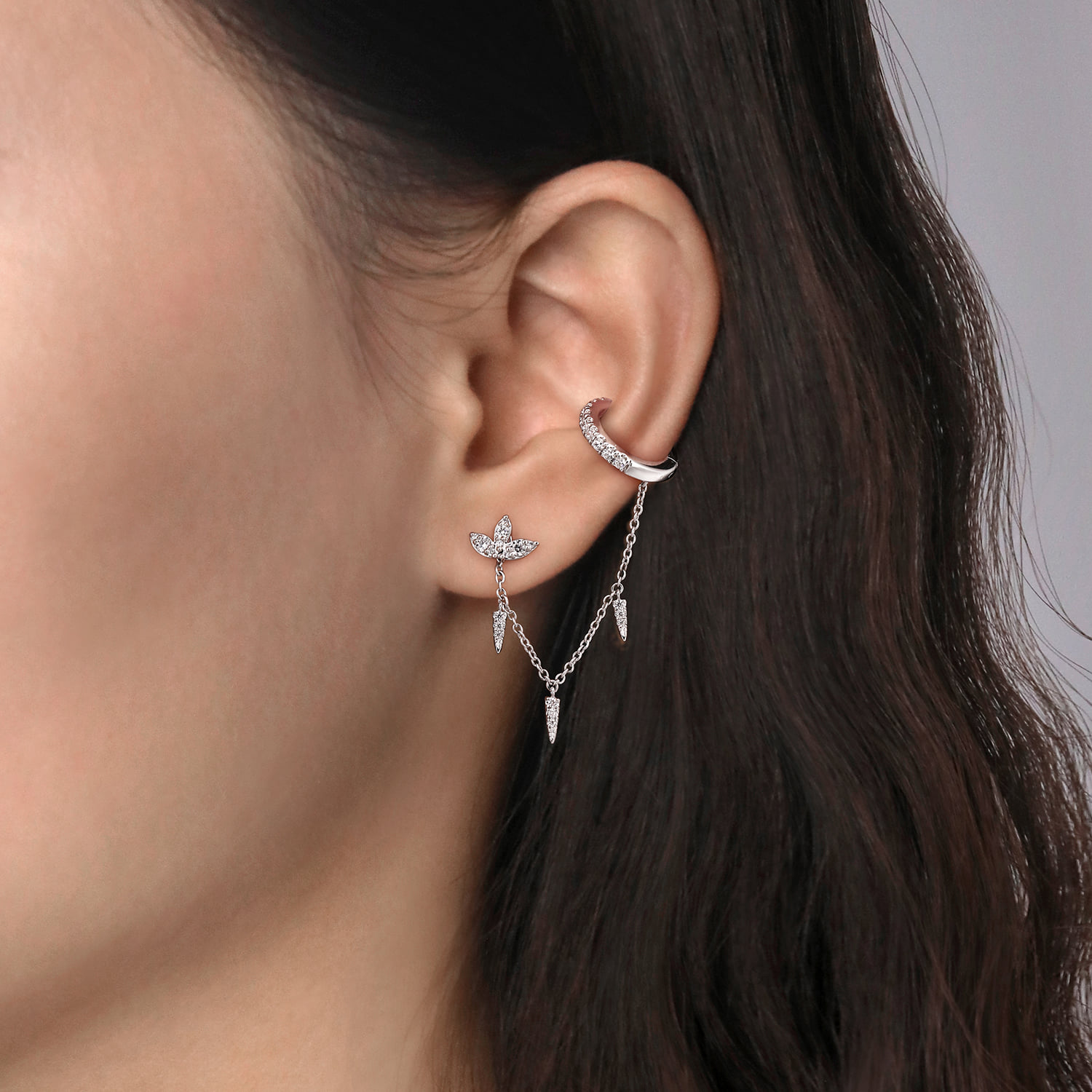 Diamond Lotus Single Stud With Chain Drop And Diamond Ear Cuff in 14K White Gold, photograph 2