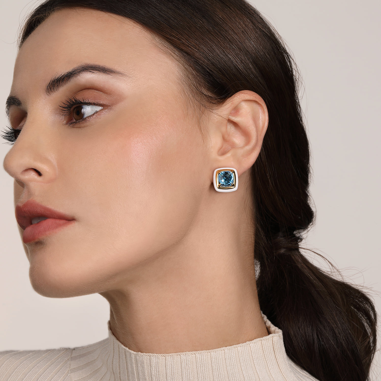 Blue Topaz Earrings with White Enamel in 14K Yellow Gold, photograph 2
