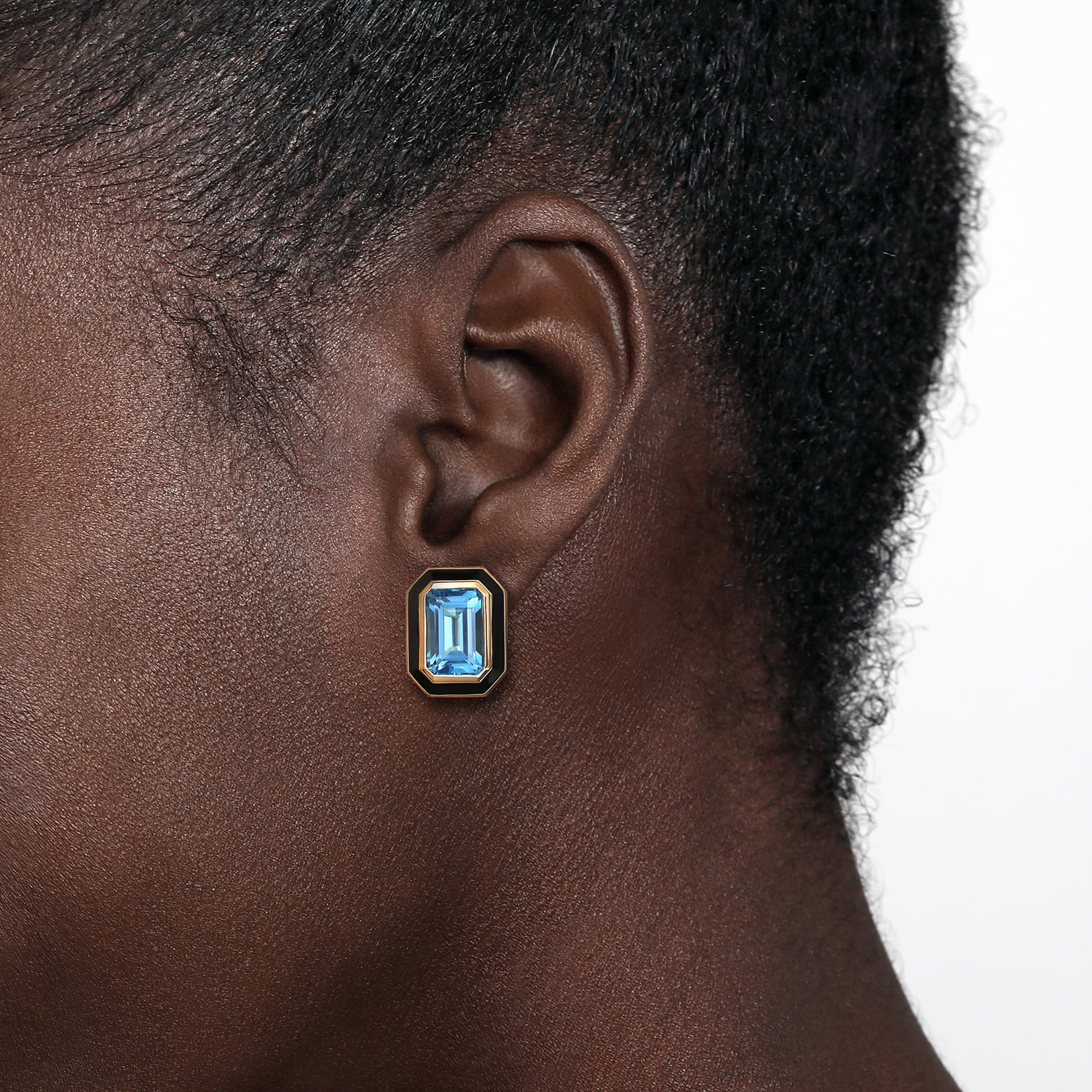 Blue Topaz Earrings with Black Enamel in 14K Yellow Gold, photograph 2