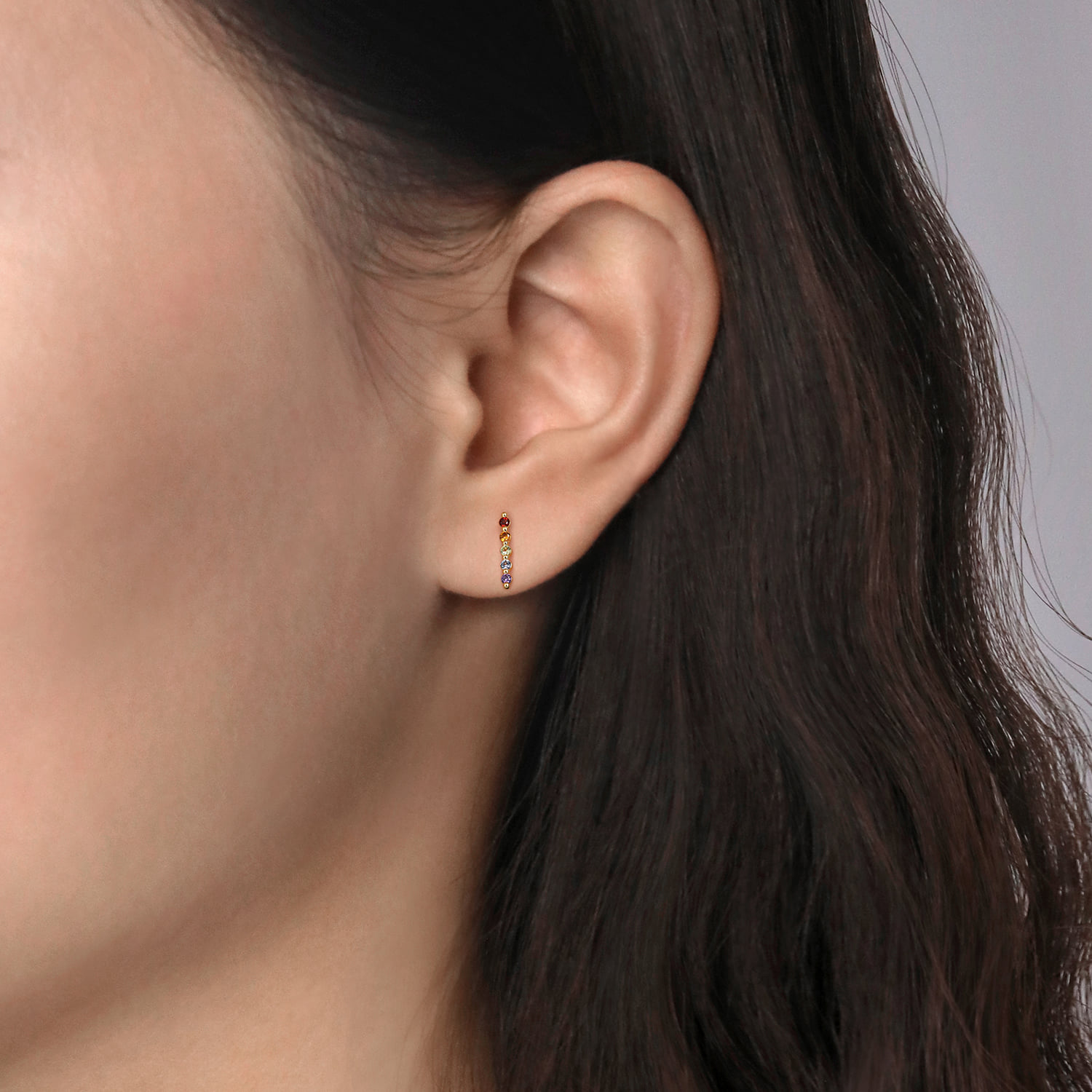 Rainbow Color Stone Stud Earrings in 14K Yellow Gold, photograph 2
