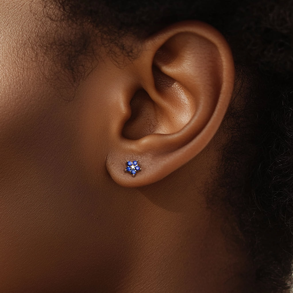 Diamond and Sapphire Flower Stud Earrings in 14K Yellow Gold, photograph 3