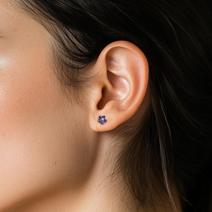 Diamond and Sapphire Flower Stud Earrings in 14K Yellow Gold, photograph 4