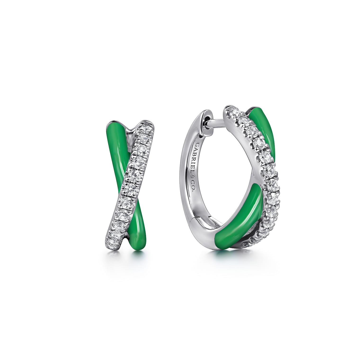 White Sapphire Criss Cross Huggies with Emerald Green Enamel