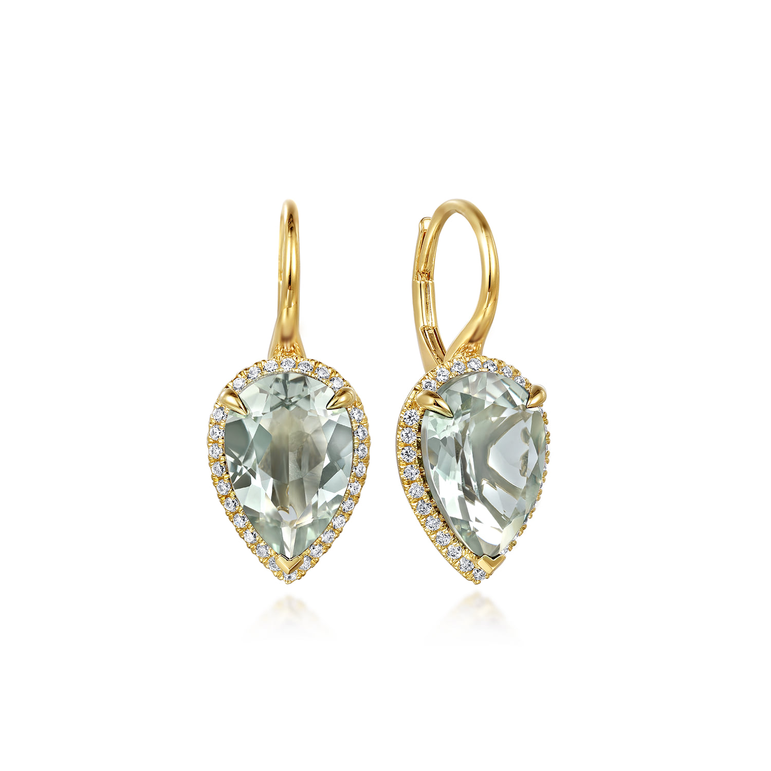Diamond and Flat Pear Green Amethyst Earrings With Flower Pattern J-Back