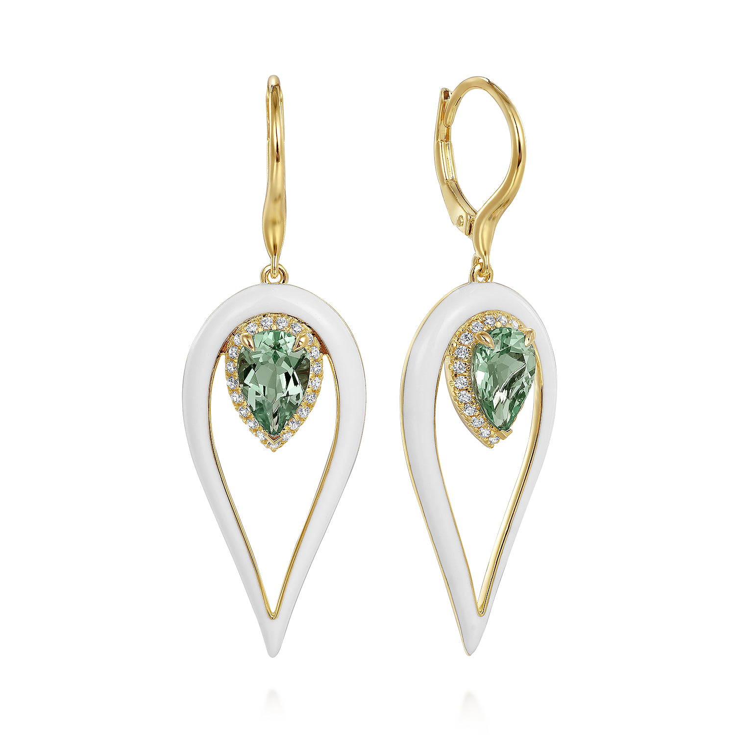 Diamond and Pear Green Amethyst Drop Earrings with White Enamel