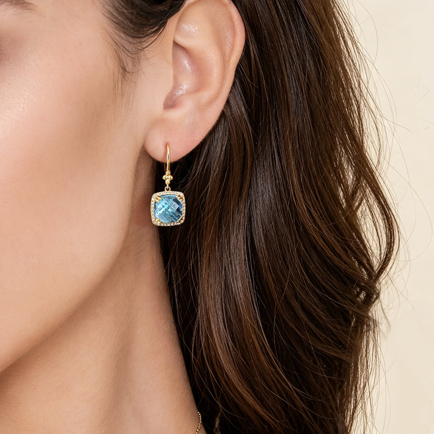 Bujukan Cushion Blue Topaz’s with Diamond Halo Earrings in 14K Yellow Gold, photograph 2