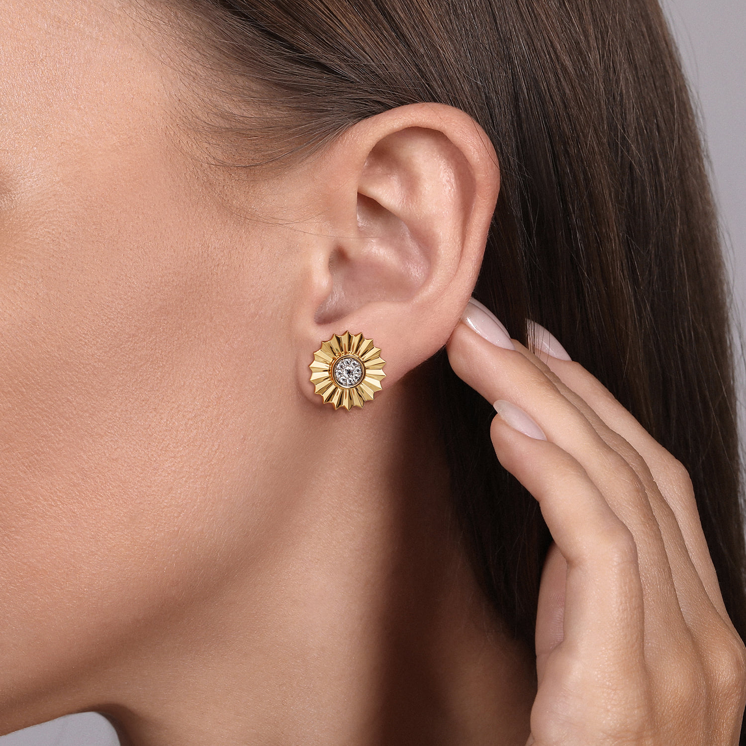 Diamond Cut Stud Earrings in 14K White/Yellow Gold, photograph 2