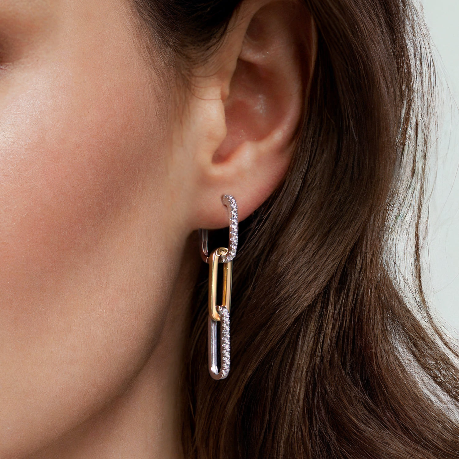 Diamond And Hollow Link Chain Earrings in 14K White/Yellow Gold, photograph 3