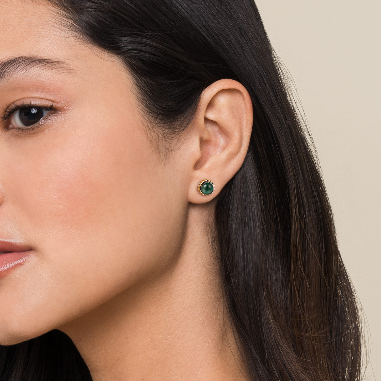 Bujukan Malachite Stud Earrings in 14K Yellow Gold, photograph 2