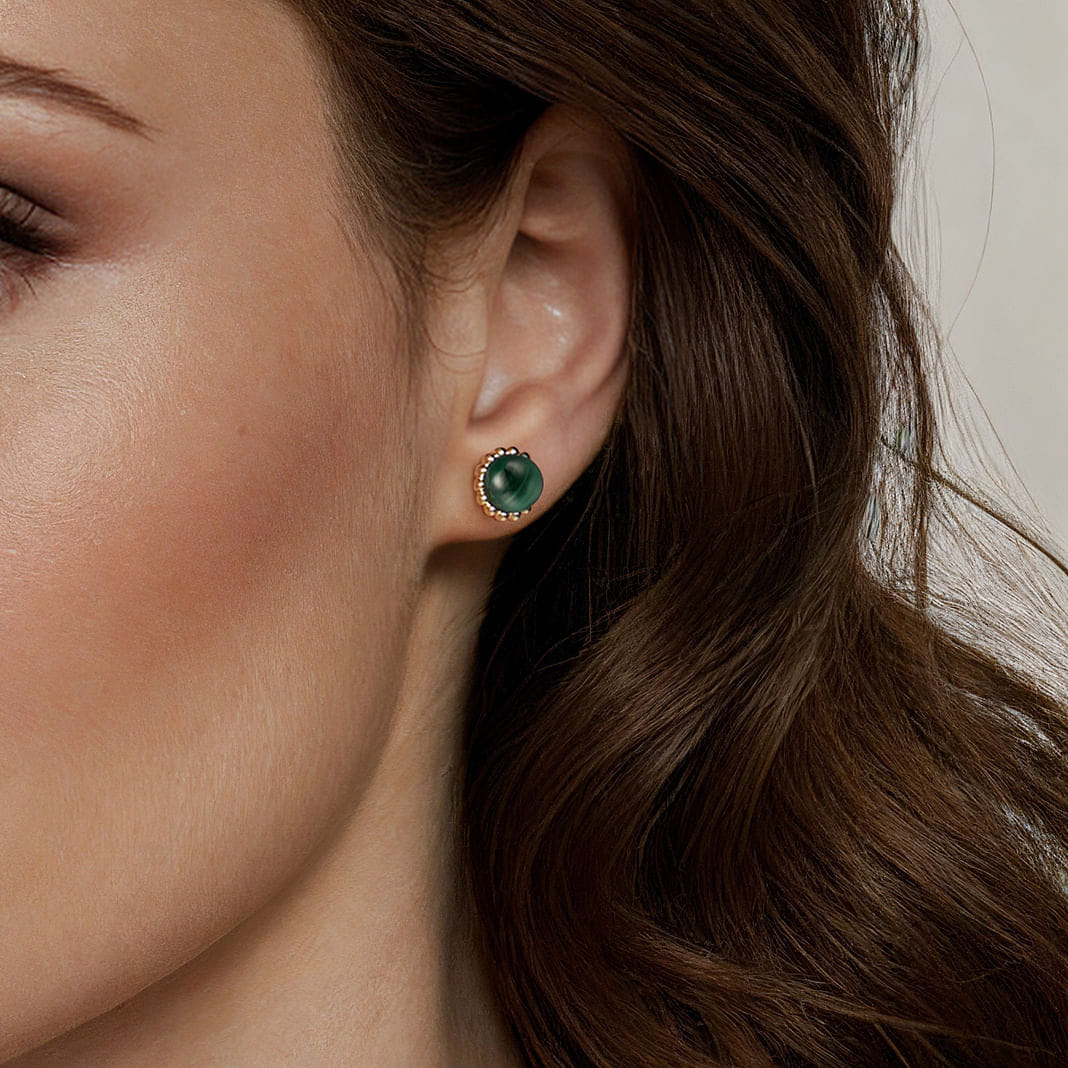 Bujukan Malachite Stud Earrings in 14K Yellow Gold, photograph 4