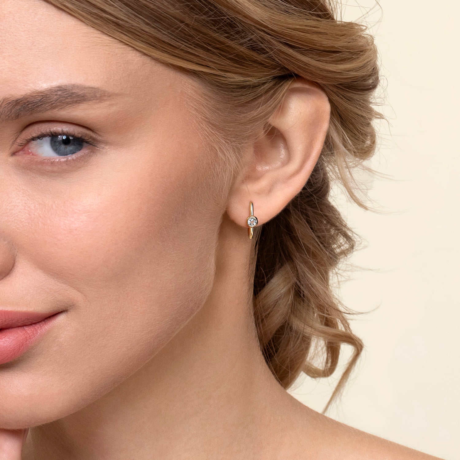 J Hoop Earrings White Sapphire in 14K Yellow Gold, photograph 2