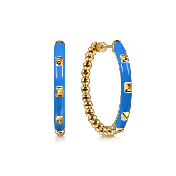 14K Yellow Gold Bujukan Beads Classic Hoop Pyramid Earrings with Blue Enamel