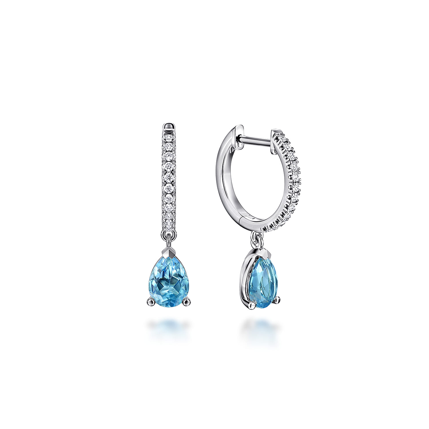 Diamond and Blue Topaz Huggie Drop Earrings in 14K White Gold