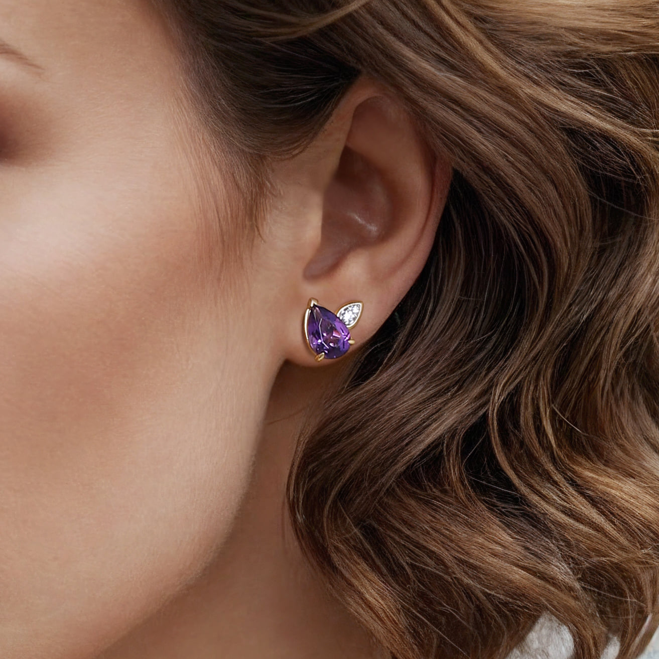 Diamond and Amethyst Stud Earrings in 14K White/Yellow Gold, photograph 4