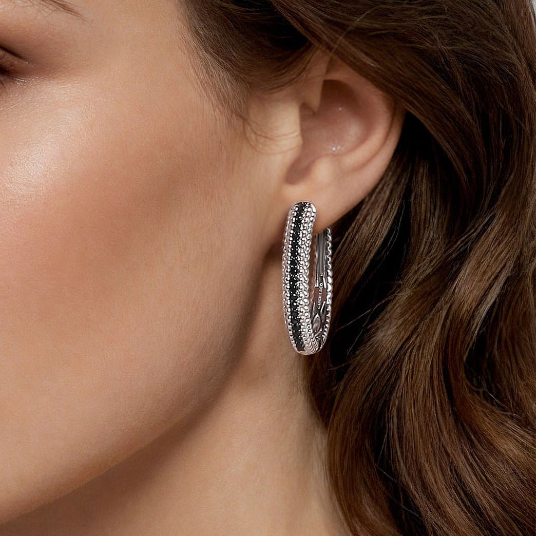 Bujukan Black Spinel Classic Hoop Earrings in Sterling Silver, photograph 4