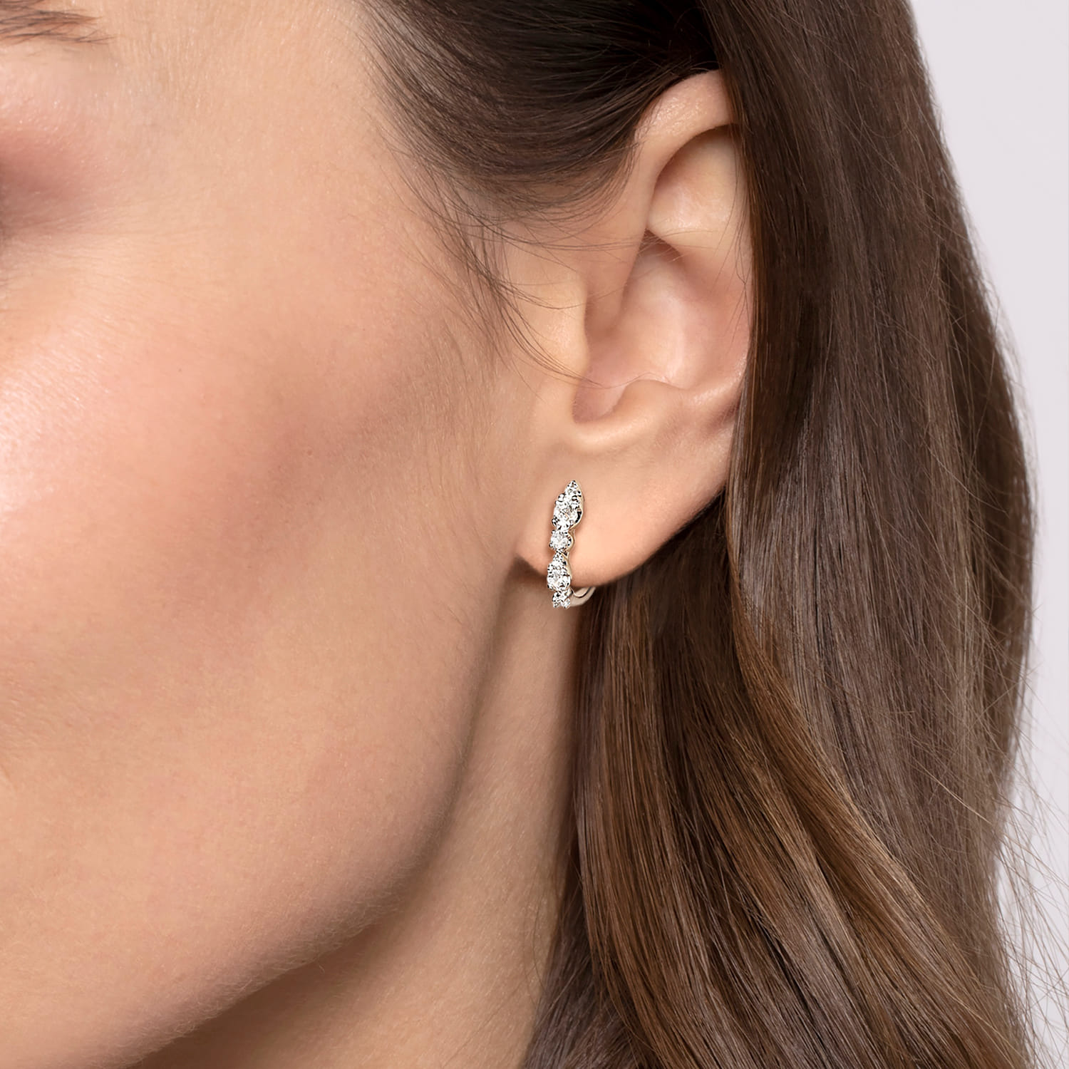 Diamond J Hoop Stud Earrings in 14K White Gold, photograph 2