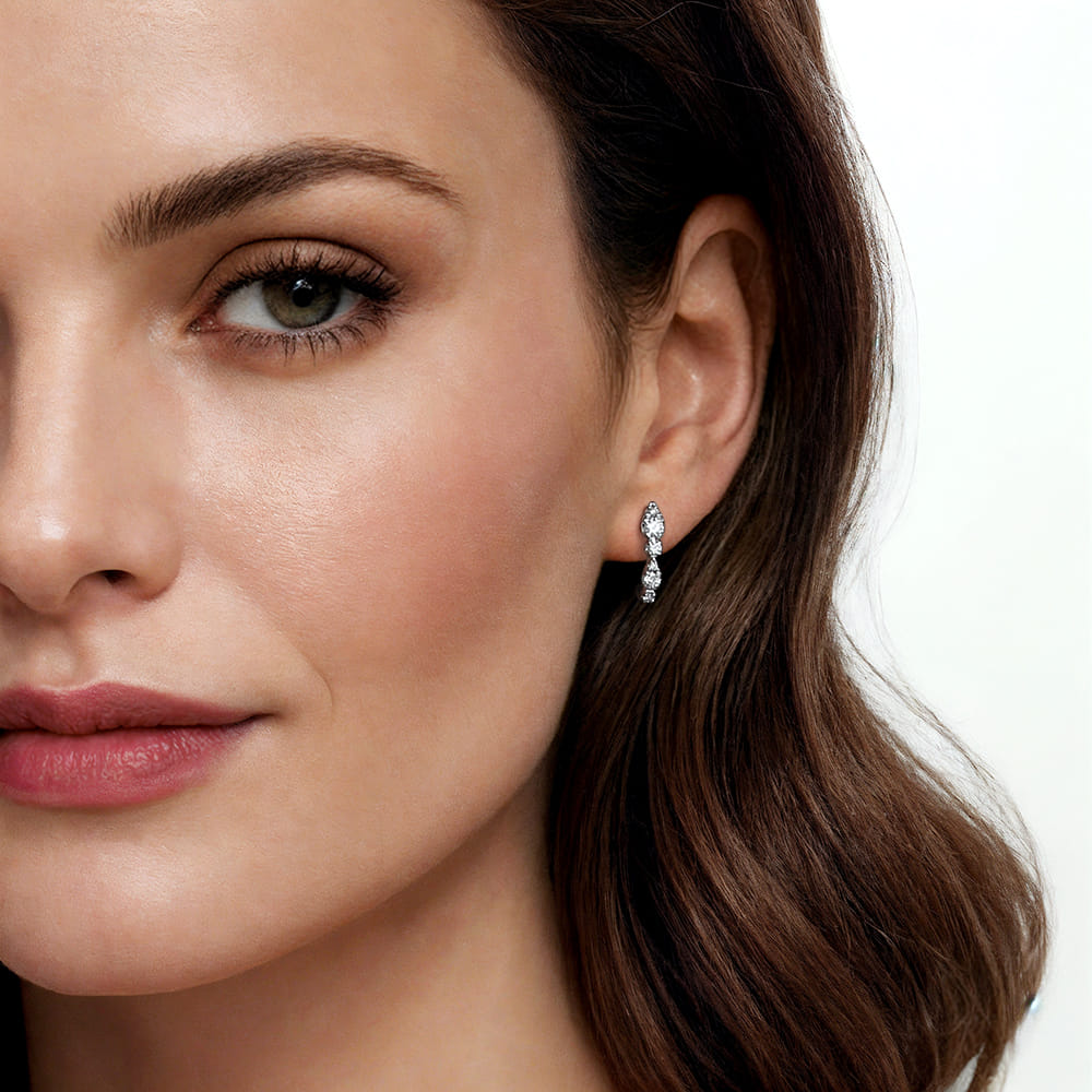 Diamond J Hoop Stud Earrings in 14K White Gold, photograph 4