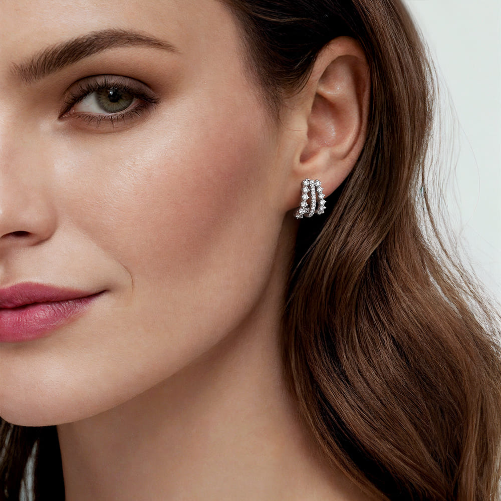 Diamond J Hoop Stud Earrings in 14K White Gold, photograph 4