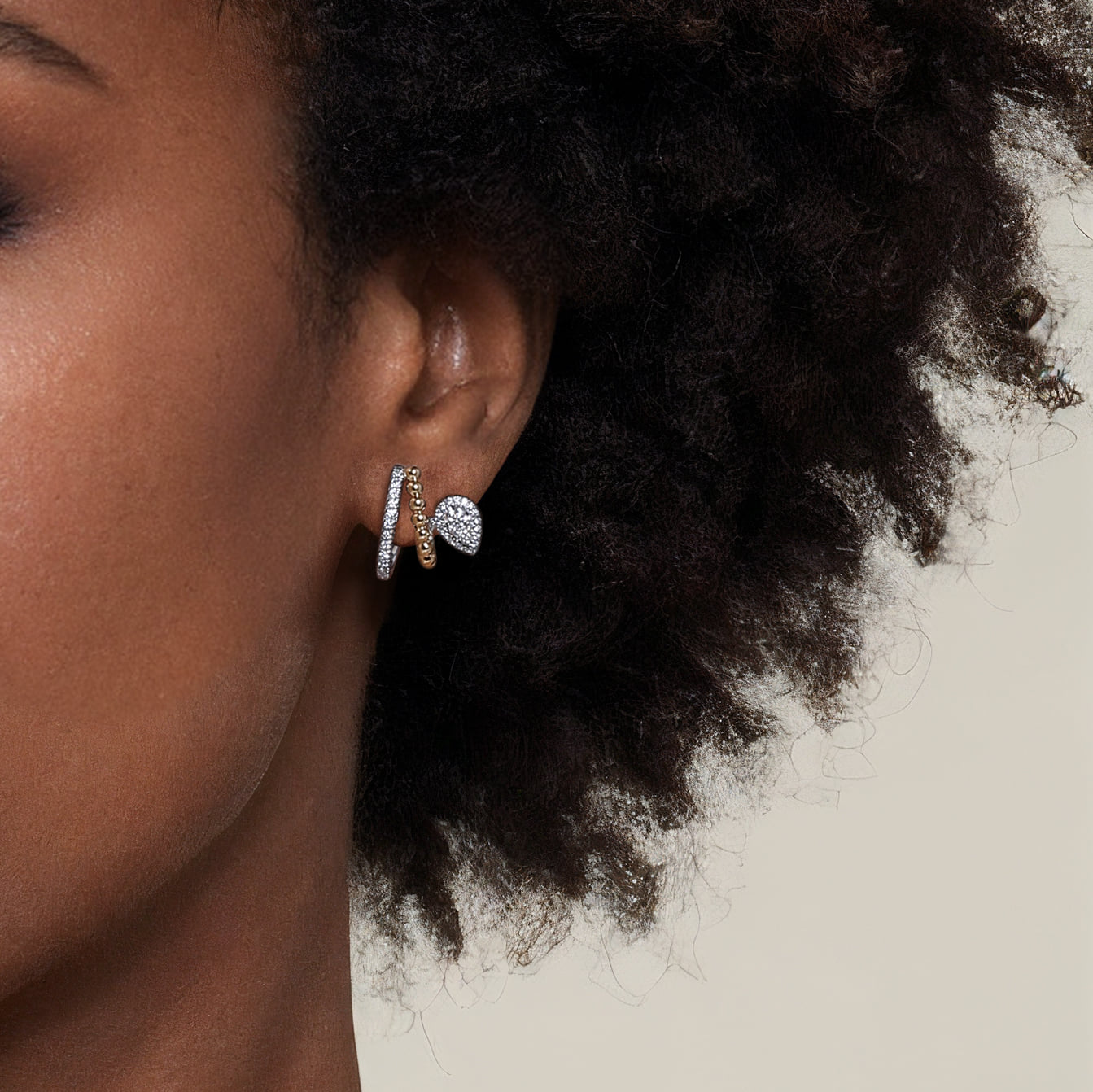 Bujukan Diamond J Hoop Stud Earrings in 14K White/Yellow Gold, photograph 4