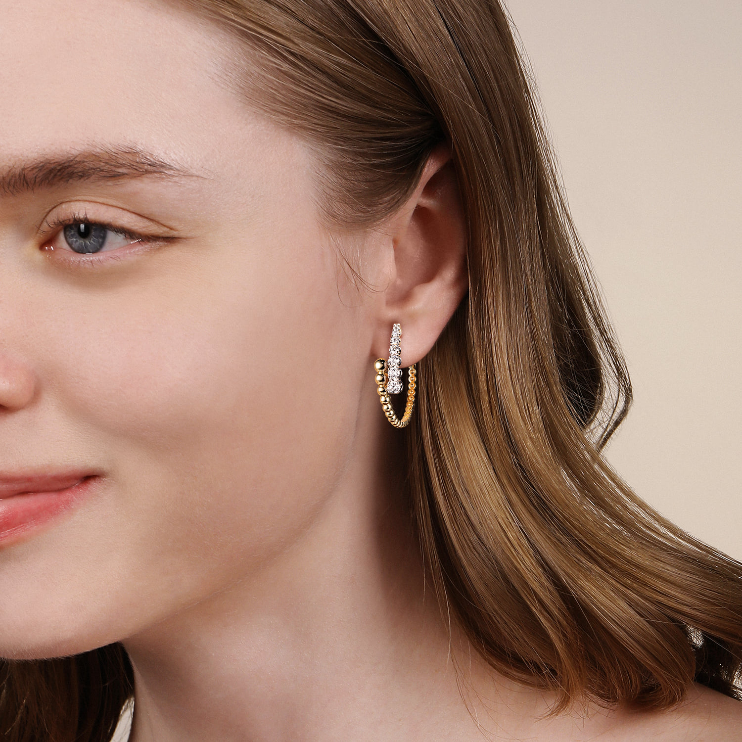 Bujukan and Graduating Diamond Bypass Hoop Earrings in 14K White/Yellow Gold, photograph 2
