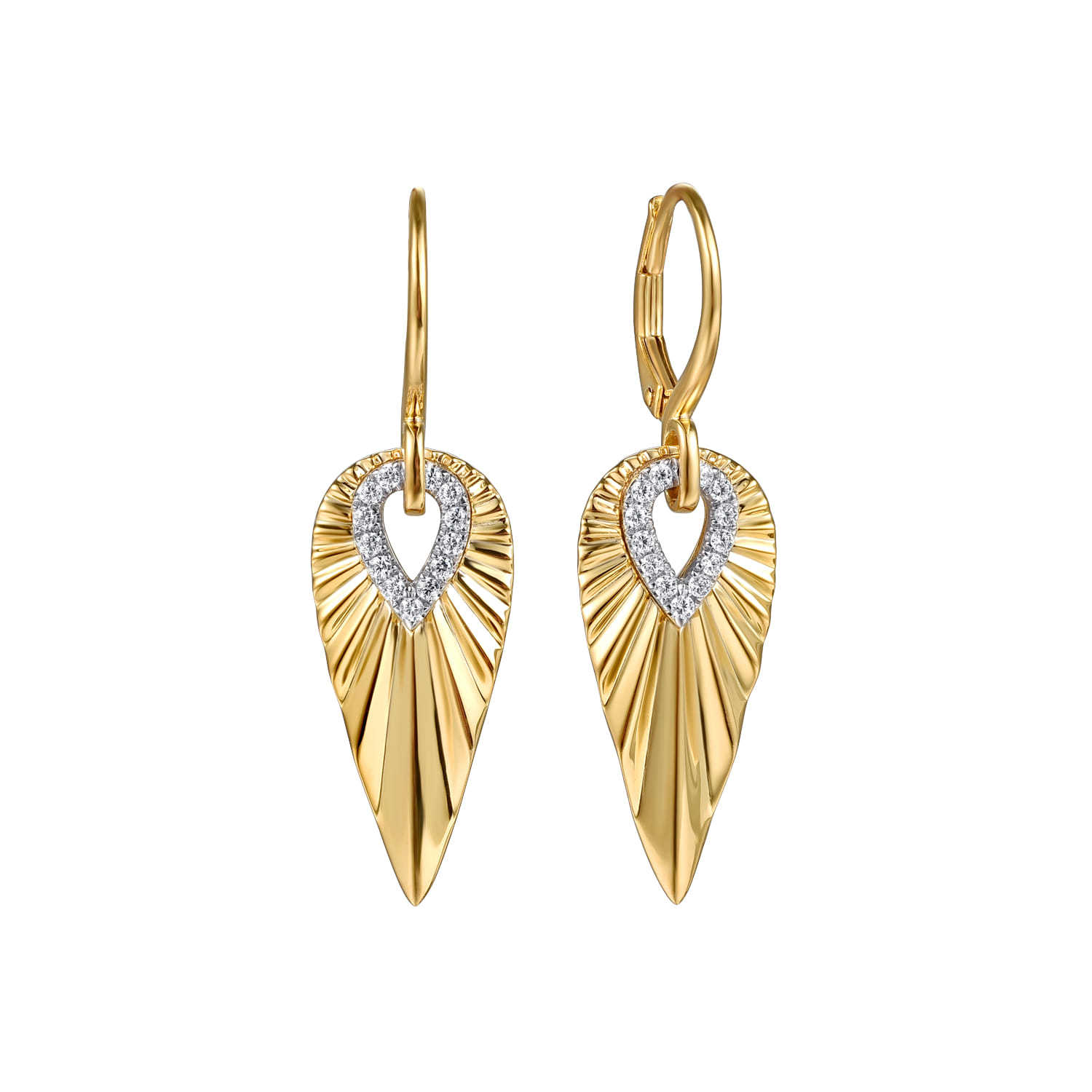 Diamond and Diamond Cut Huggie Drop Earrings in 14K White/Yellow Gold